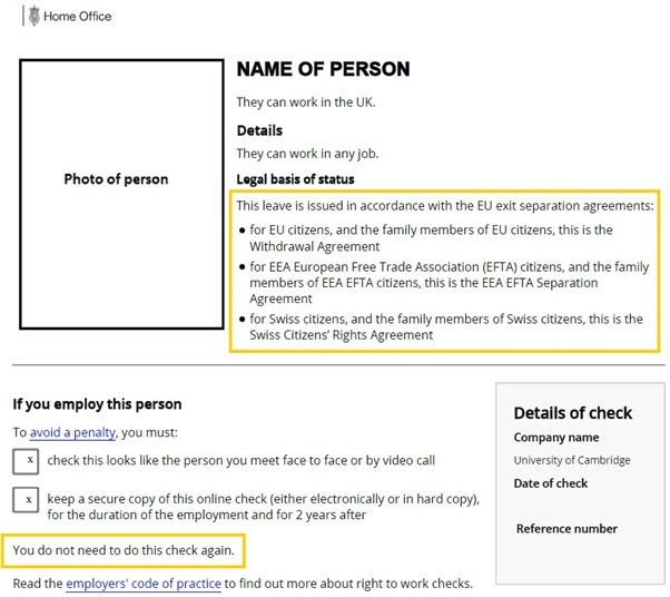 Example of an online right to work status document. Two paragraphs have a yellow box around them explaining how to tell it's for a holder of Settled or Pre-Settled status under the EU settlement scheme. 