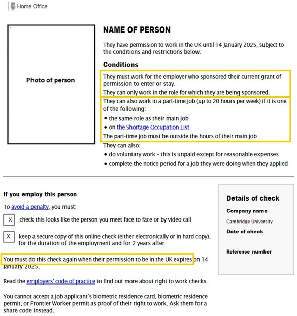 Example online right to work document with yellow boxes arount text showing it's a GAE visa.