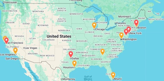 Map of USA showing Visa Application Centre locations