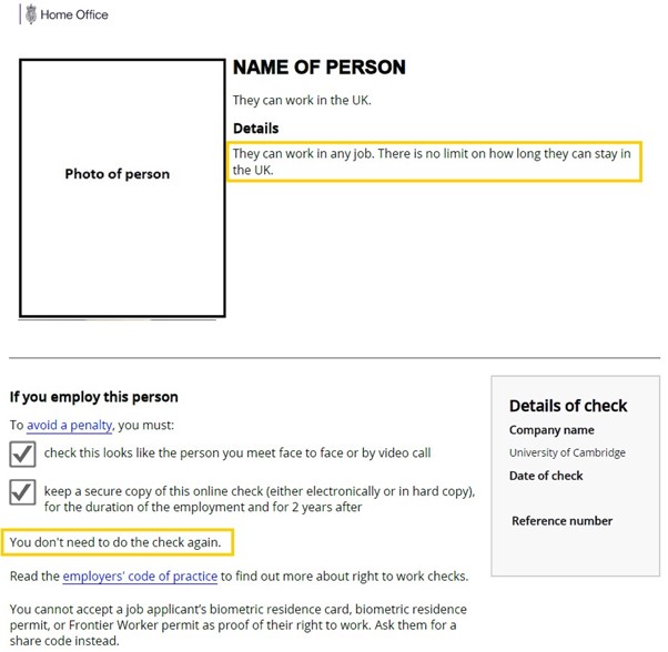 Example online right to work document with yellow boxes showing text which shows it's ILR.